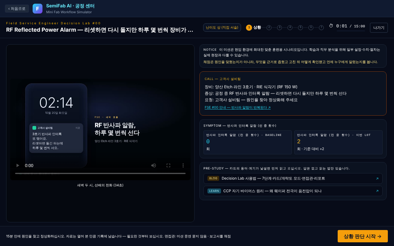 브리핑 화면 — 왼쪽은 선배의 전화 영상, 오른쪽은 콜 카드(장비·증상·요청)와 증상 수치