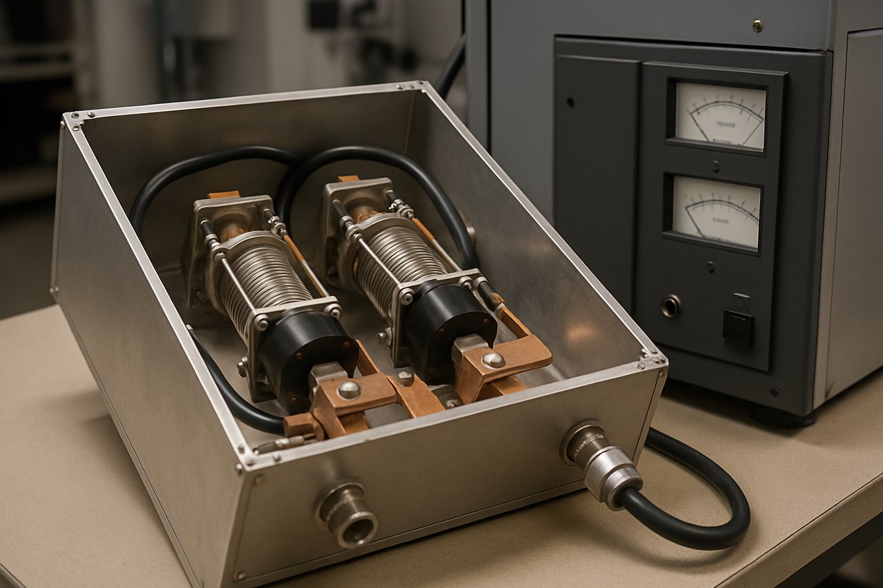 매처 내부의 가변 진공 커패시터 두 개(Load·Tune)와 RF 발생기의 전달·반사 파워 미터 — AI 생성 참고 이미지(실제 장비 사진이 아닙니다)
