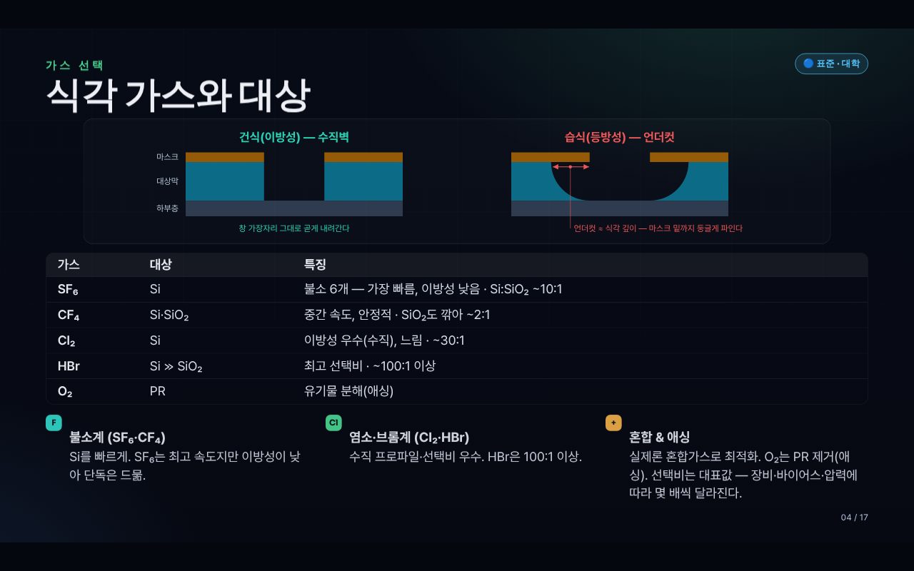 식각 공정 교과서 — 가스 선택 — 건식/습식 · 가스별 선택비